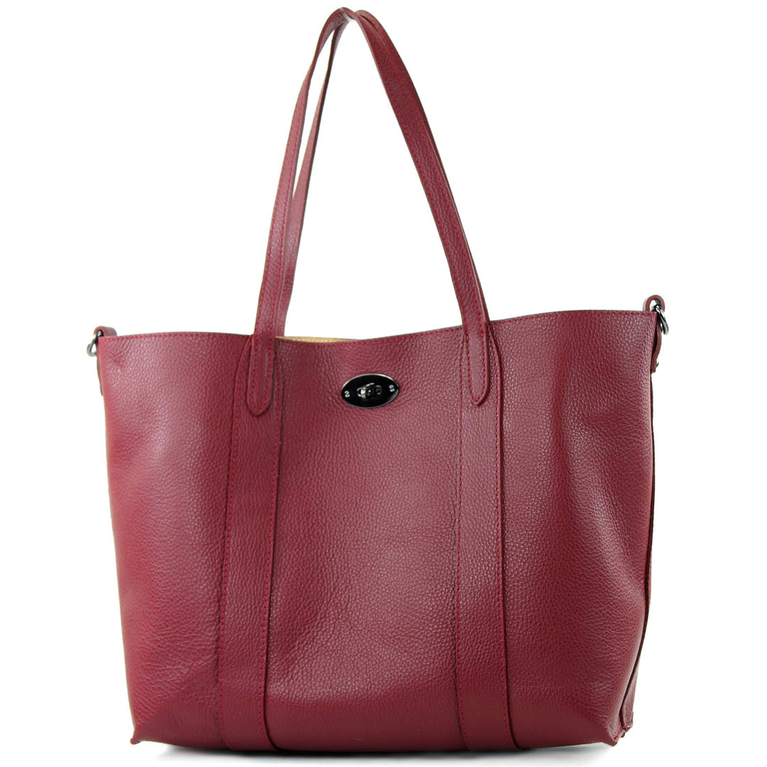modamoda de - T187 - ital. Shopper DIN A4 Leder Damentasche mit Innentasche Purpurrot, Purpurrot