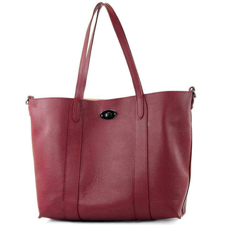 modamoda de - T187 - ital. Shopper DIN A4 Leder Damentasche mit Innentasche Purpurrot, Purpurrot
