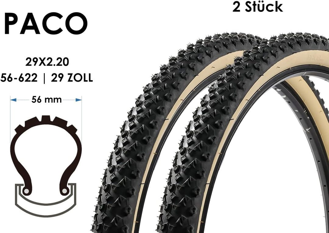 2 Stück 29 Zoll Paco Tires MTB Fahrrad Reifen 29x2.20 Mantel Decke 56-622 Schwarz Beige