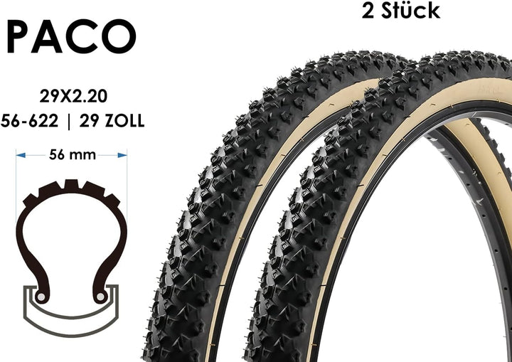 2 Stück 29 Zoll Paco Tires MTB Fahrrad Reifen 29x2.20 Mantel Decke 56-622 Schwarz Beige