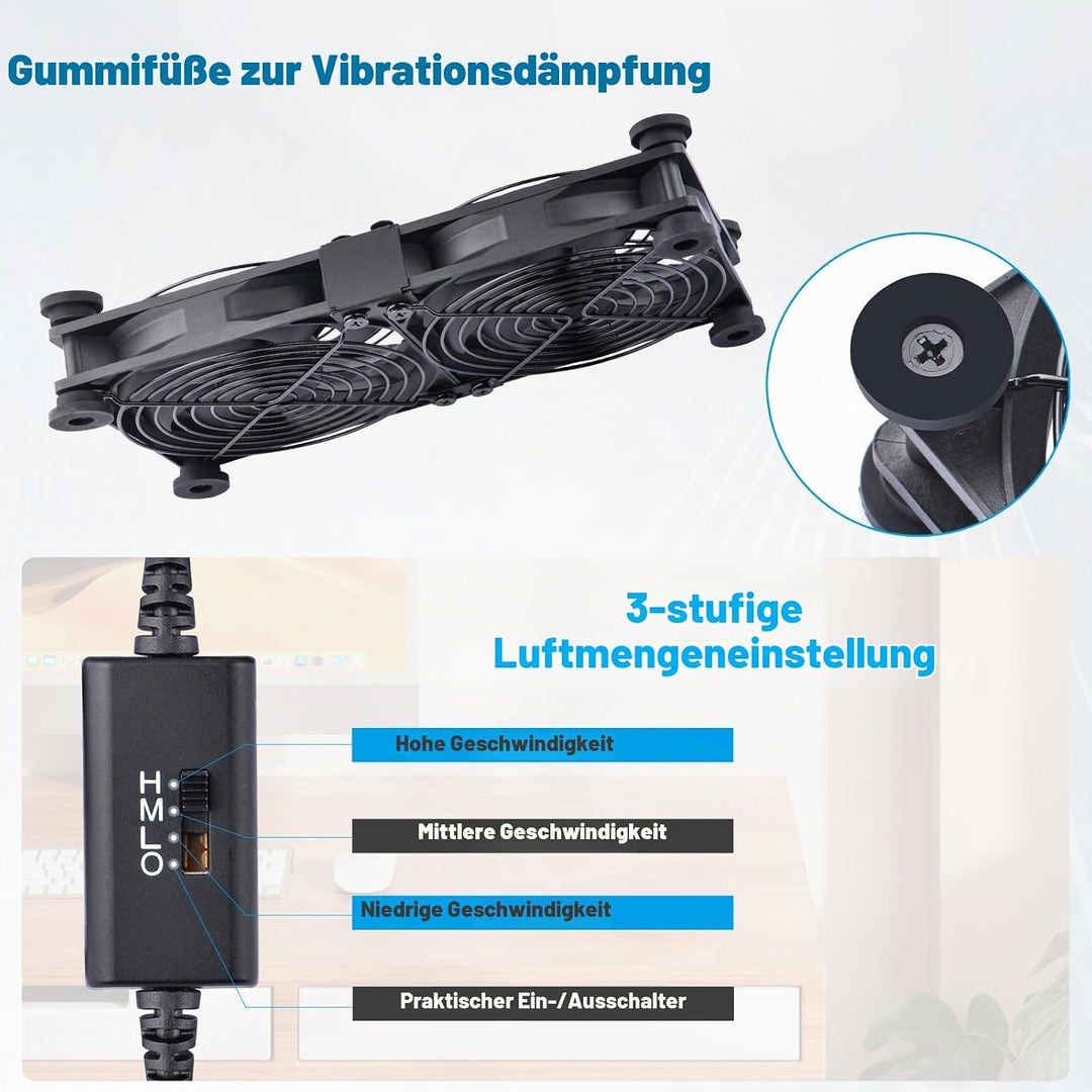 NewHail 2 in 1 Leiser Dual Router Lüfter kühler 120 mm mit 3 Grad Geschwindigkeitsregler (L/M/H), DC