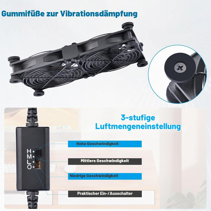 NewHail 2 in 1 Leiser Dual Router Lüfter kühler 120 mm mit 3 Grad Geschwindigkeitsregler (L/M/H), DC