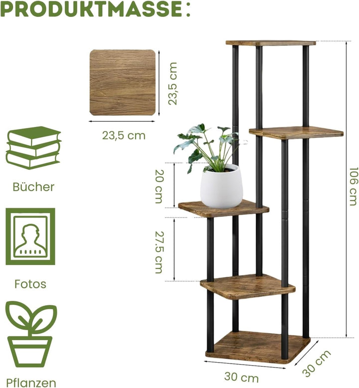 Allyson® Blumenständer mit 5 Ebenen – Pflanzenständer aus Metall & Holz, Pflanzenregal Modernes Rega
