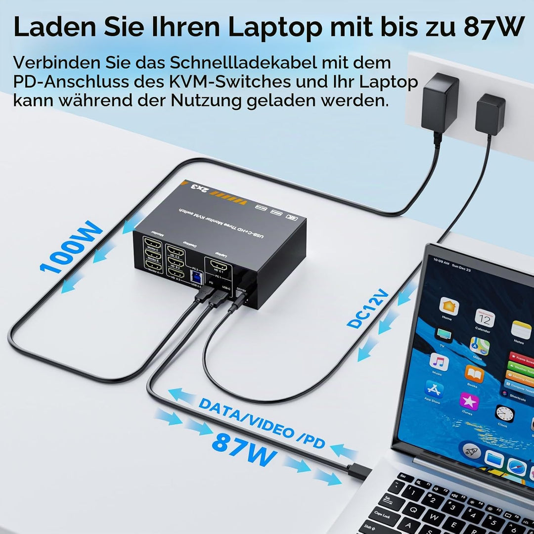 KVM Switch 3 Monitore für 1 Laptop und 1 Desktop 4K@60Hz, HDMI + USB C KVM Umschalter Dockingstation