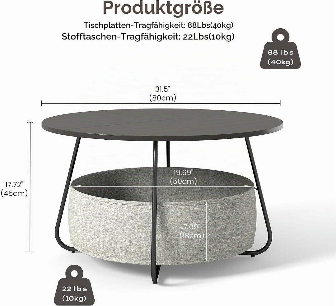 Manora Runder Couchtisch Schwarz mit Stoffkorb &amp; Stauraum,Wohnzimmertisch Rund,Moderner Sofatisch mi