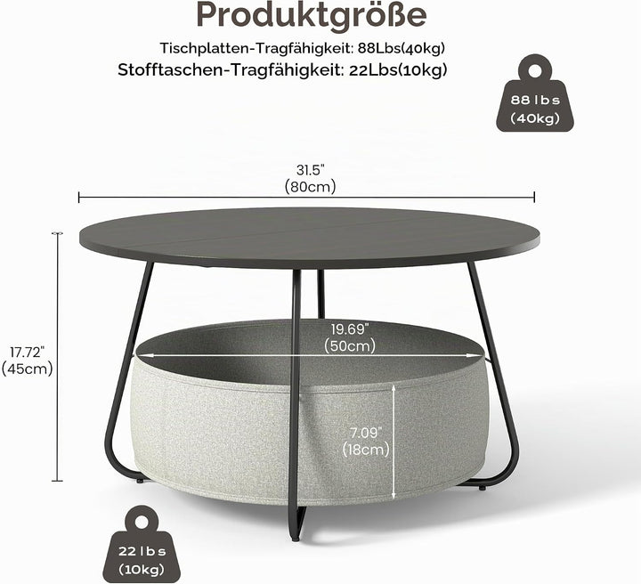 Manora Runder Couchtisch Schwarz mit Stoffkorb &amp; Stauraum,Wohnzimmertisch Rund,Moderner Sofatisch mi