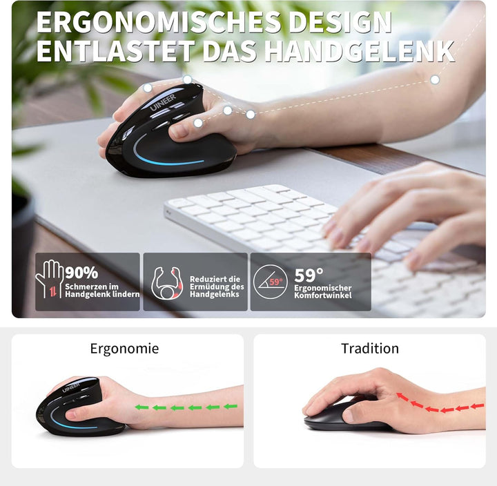 Uineer Ergonomische, kabellose vertikale Maus, dreifarbige Atemlichter, BT5.0/4.0/2.4G Bluetooth, wi