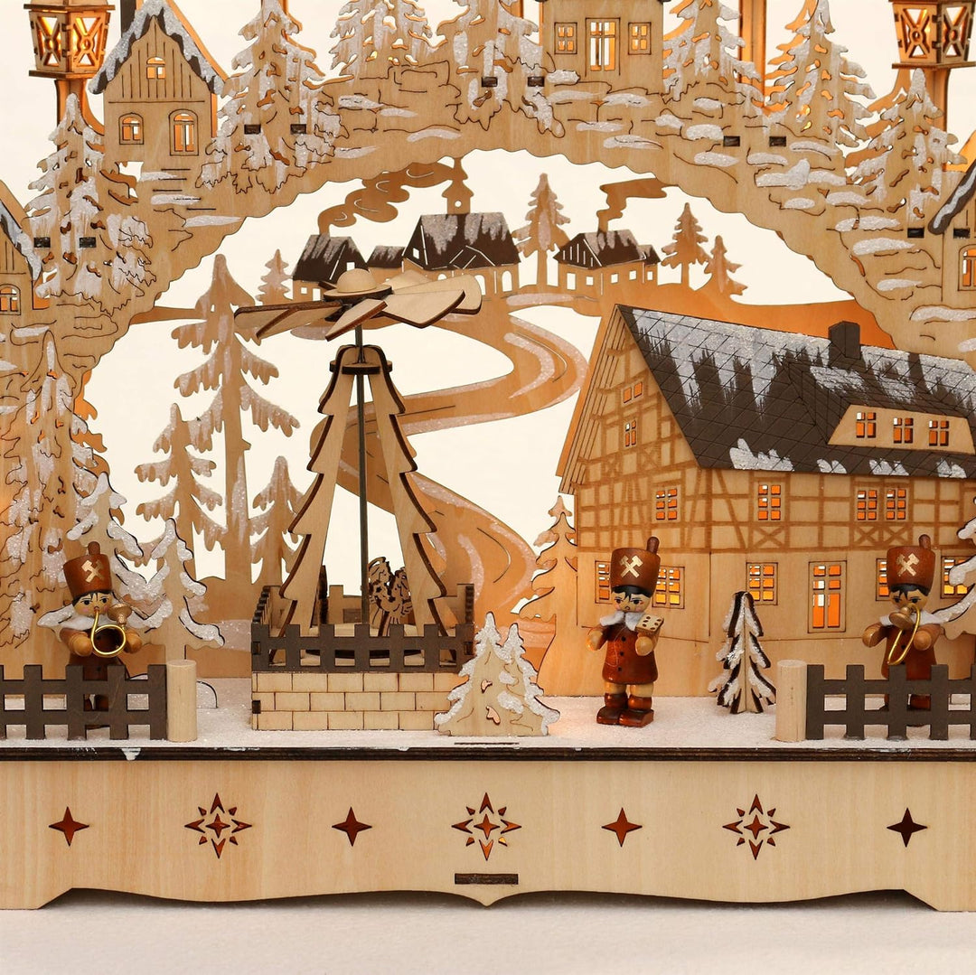 Dekohelden24 LED Holz Schwibbogen mit bewegter Weihnachtspyramide, Motiv: Bergmänner, L/B/H ca. 45 x