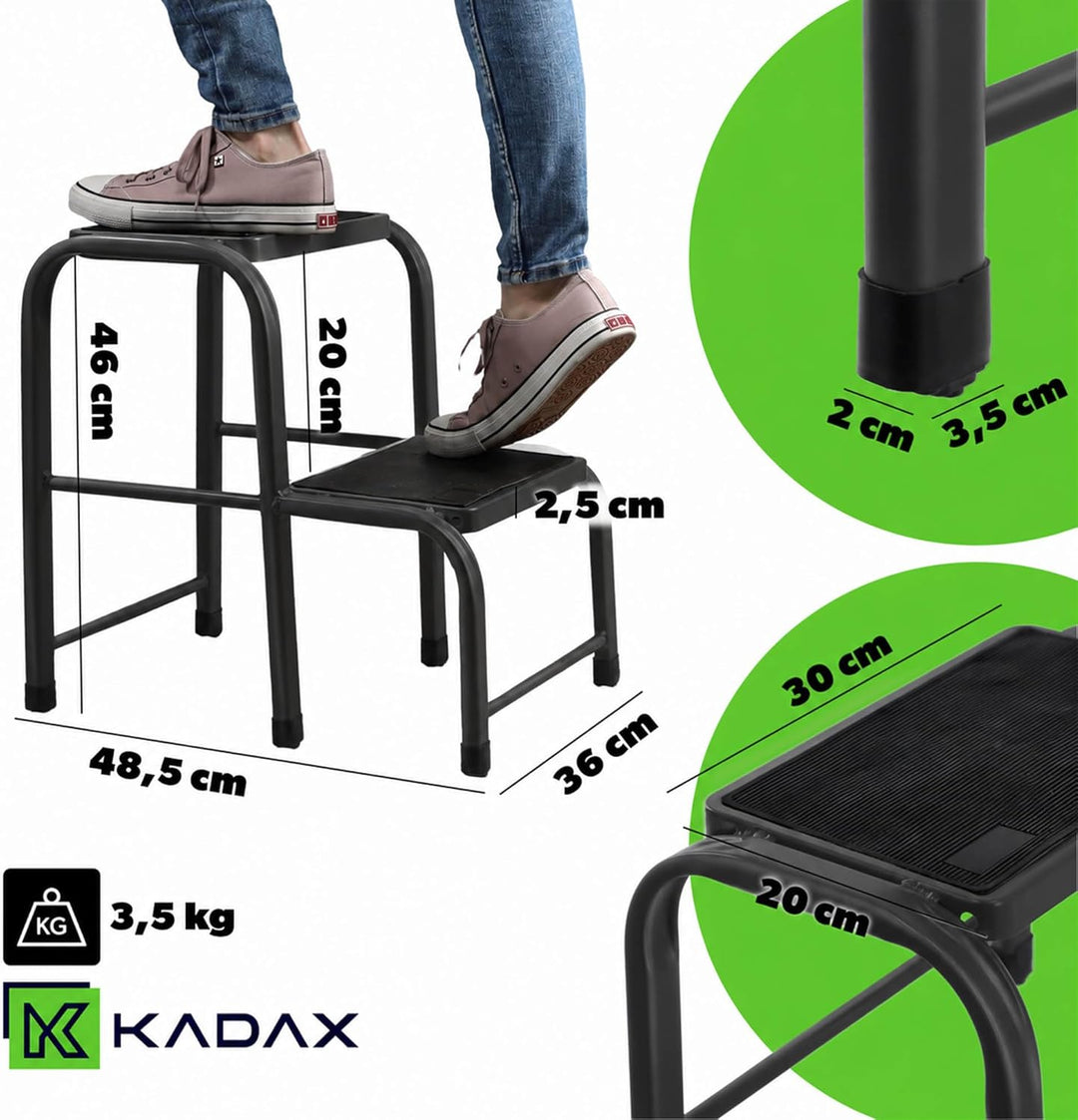 KADAX Tritthocker 2-stufig aus Aluminium, rutschfeste Stufen, stabil bis 150 kg, Klapptritt/Haushalt