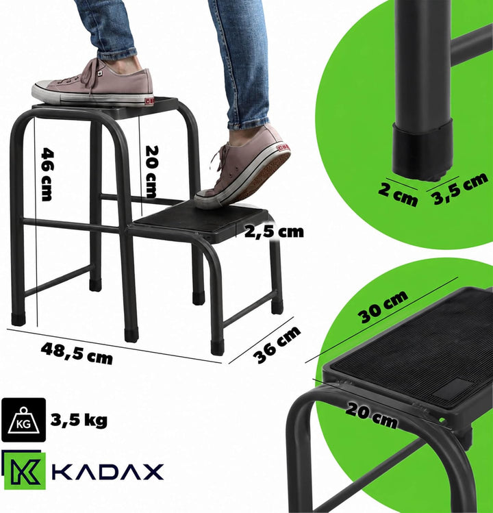 KADAX Tritthocker 2-stufig aus Aluminium, rutschfeste Stufen, stabil bis 150 kg, Klapptritt/Haushalt