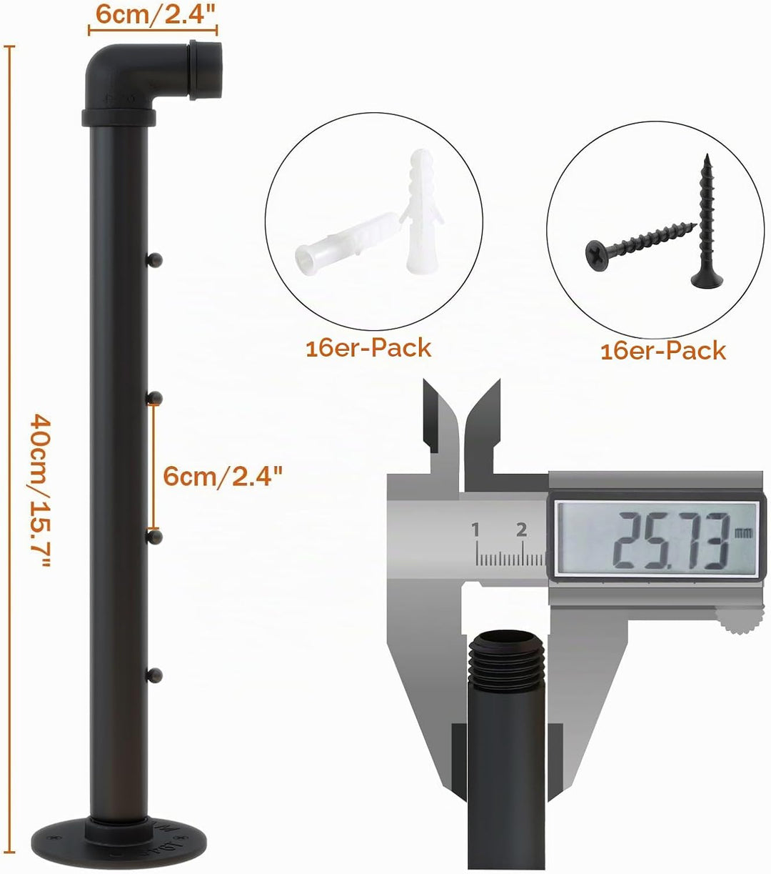 IBUYKE Kleiderstange Wandmontage 4 Stück, 40cm Metall Industrierohr Garderobenstange für die Wand, M