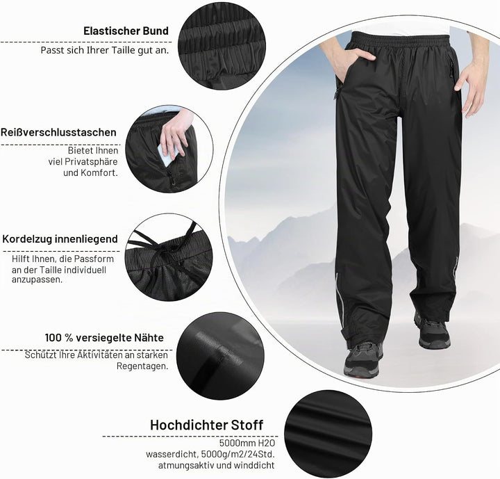 33,000ft wasserdichte Regenhose für Herren Leichte Regenhose Winddichte Outdoorhose zum Wandern Camp
