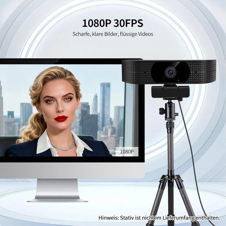 1080P Wireless Webcam für PC, Webcam mit geräuschreduzierendem Mikrofon, 92°FOV, 360° Drehung, Plug