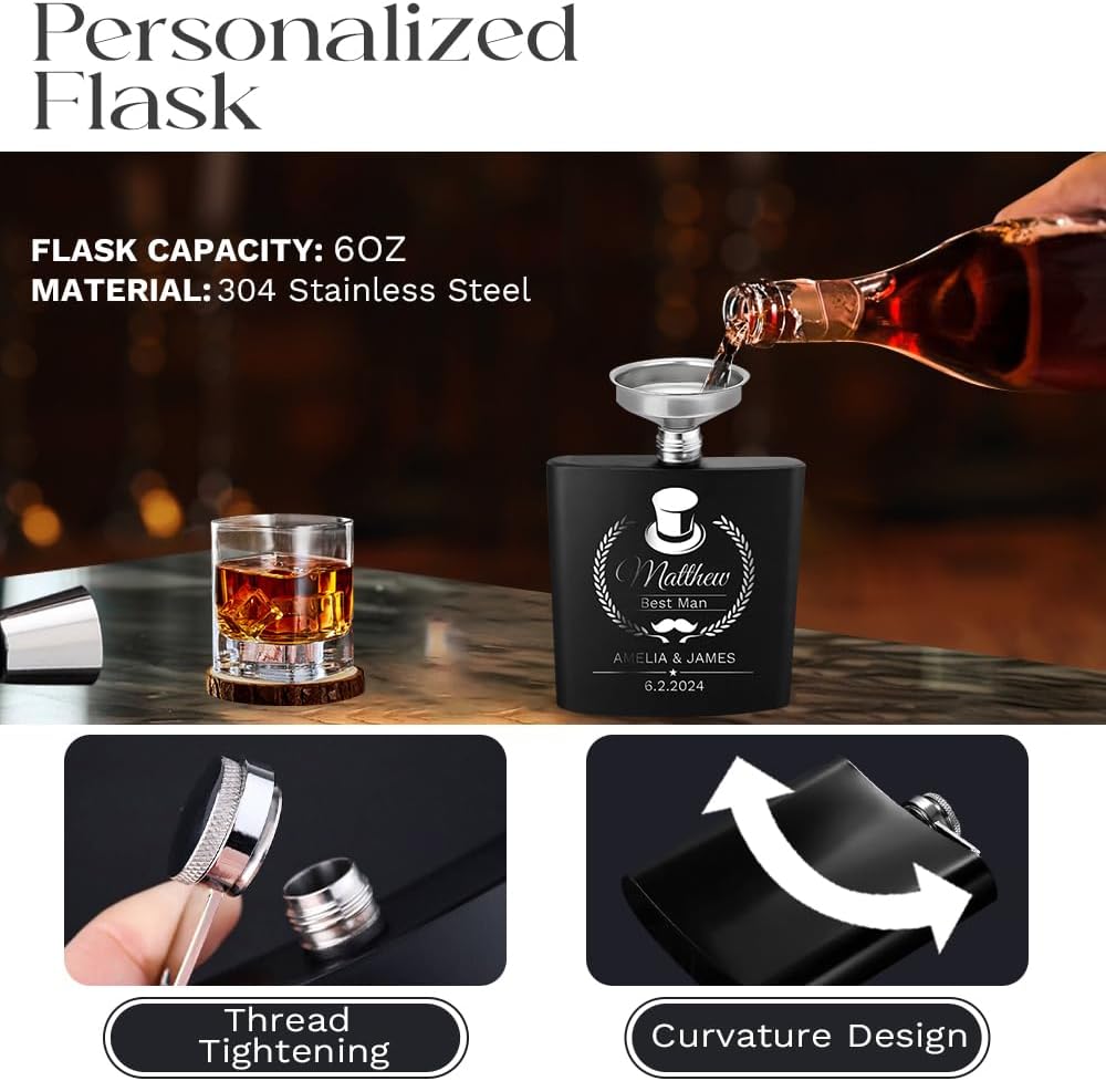 Personalisierte Flasche für Herren, graviert, 170 ml, 304 Edelstahl, individuelle Flasche für Hochze