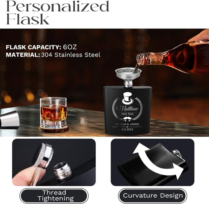 Personalisierte Flasche für Herren, graviert, 170 ml, 304 Edelstahl, individuelle Flasche für Hochze