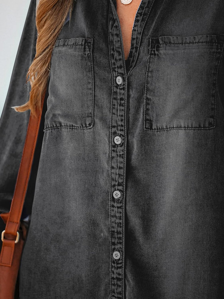 CUPSHE Damen Jeanshemd V Ausschnitt Knopfleiste Brusttaschen Asymmetrisch Jeansbluse Hemdblusen Deni