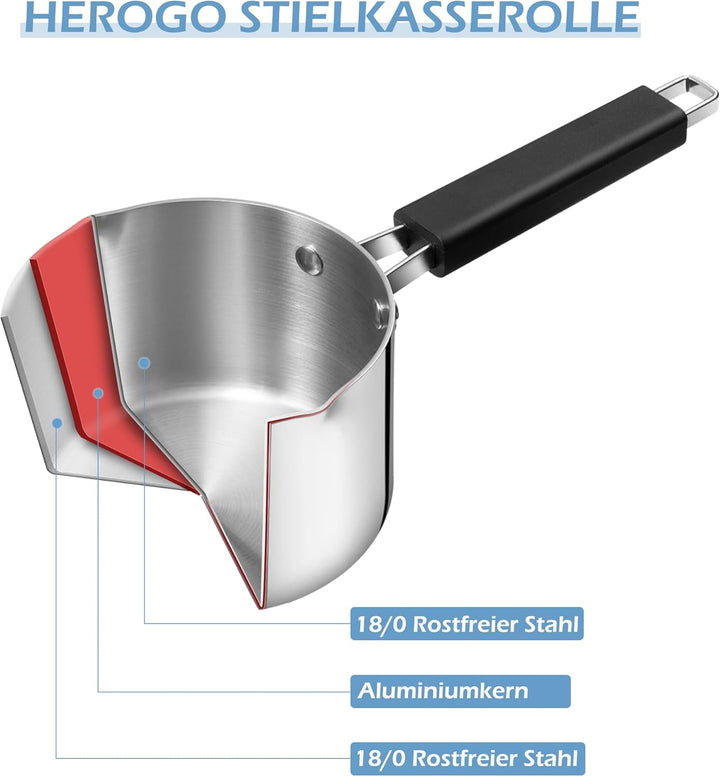 Herogo Stainless Stielkasserolle 16cm, Dreifach-Edelstahl- Milchtopf mit Glasdeckel, kleiner Kochtop