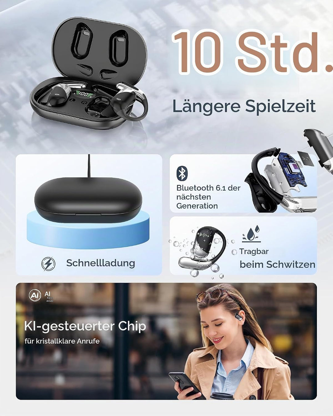 Paekole Offene Ohr Kabellose Ohrhörer, Sport Bluetooth Kopfhörer mit Echtzeitübersetzung, 80 Stunden