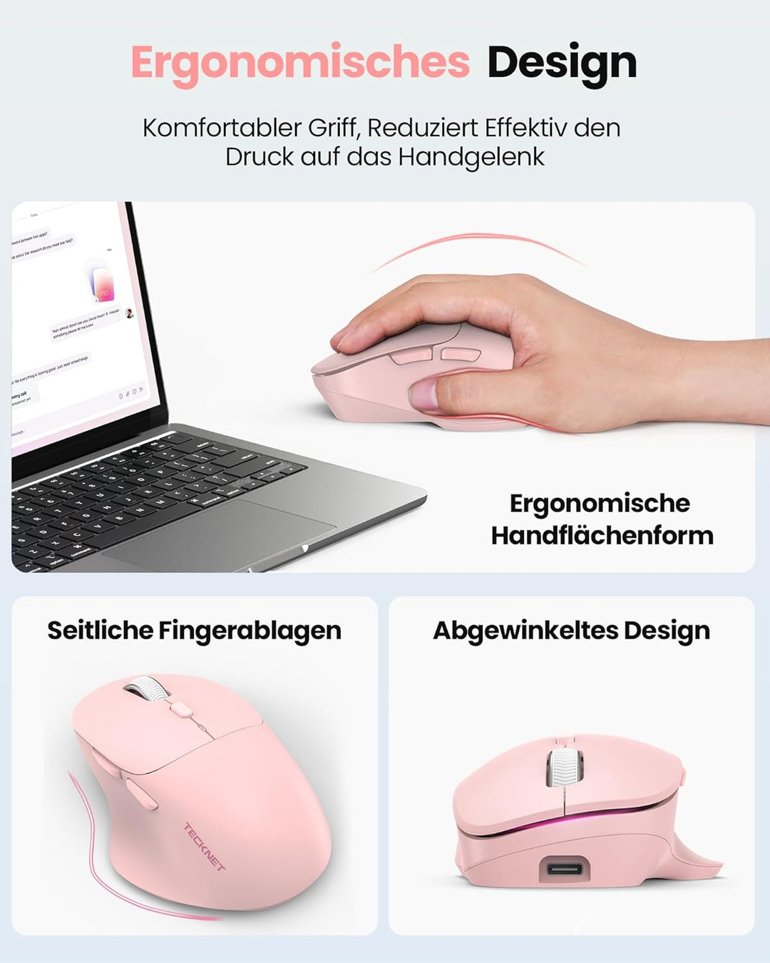 TECKNET Bluetooth Maus Wiederaufladbar, Ergonomische Daumenauflage | Tri-Modi: BT5.0/3.0 + 2.4G, 480