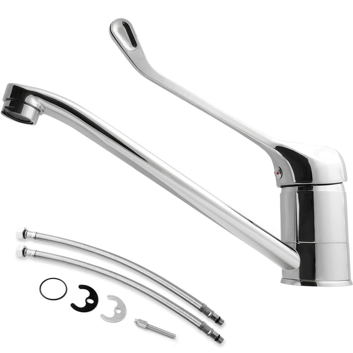 Edelstahl-Messing Horizontale Spültischarmatur mit Langem Griff, Einzigartiges Design, Warm-Kaltwass
