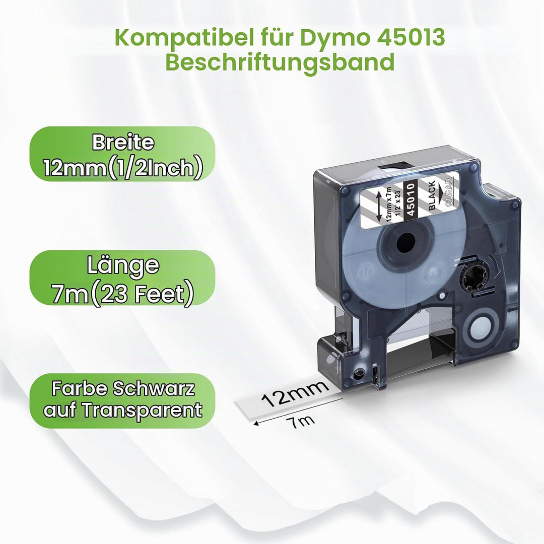 MarkField 12mm x 7m Schriftbänder kompatibel mit Dymo D1 45010 S0720500 Clear Etikettenband, Etikett