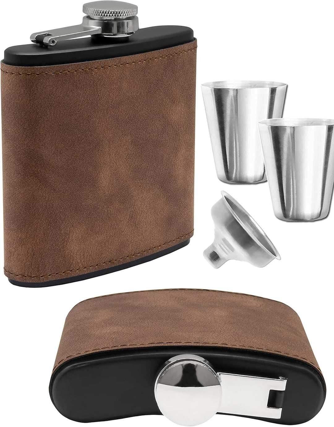 Flachmann-Set, Wild-Leder Optik, 175ml + 2 Schnaps-Becher, Trichter in Geschenk-Box