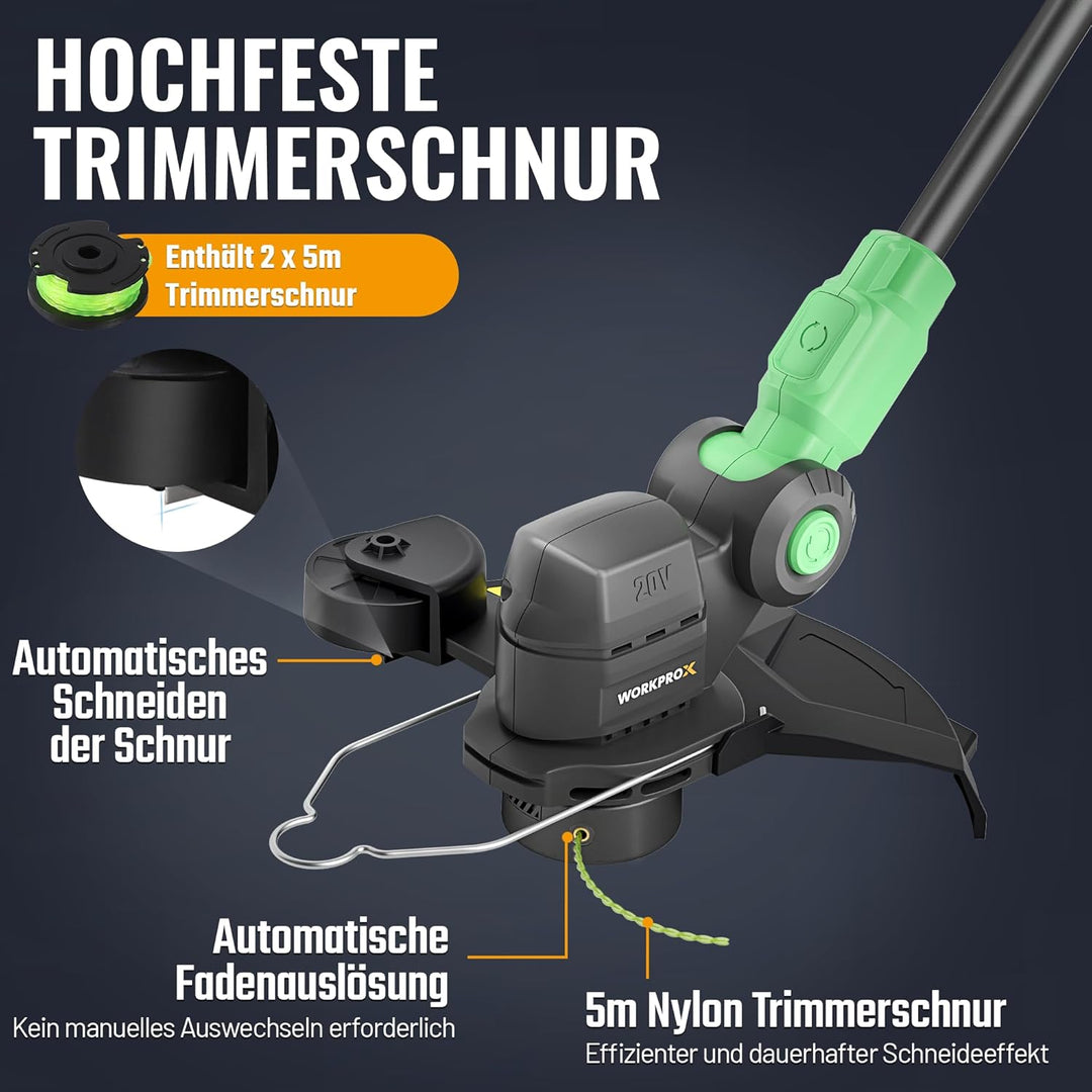 WORKPROX Akku Rasentrimmer 20V mit 4,0Ah Akku & Typ-C Ladekabel, 2-in-1 Kabelloser Rasenkantenschnei
