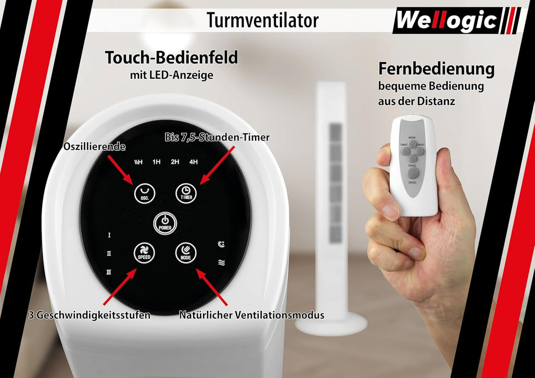 Turmventilator 91 cm sehr leise – Standventilator mit Fernbedienung, 7,5h Timer, 3 Geschwindigkeitss