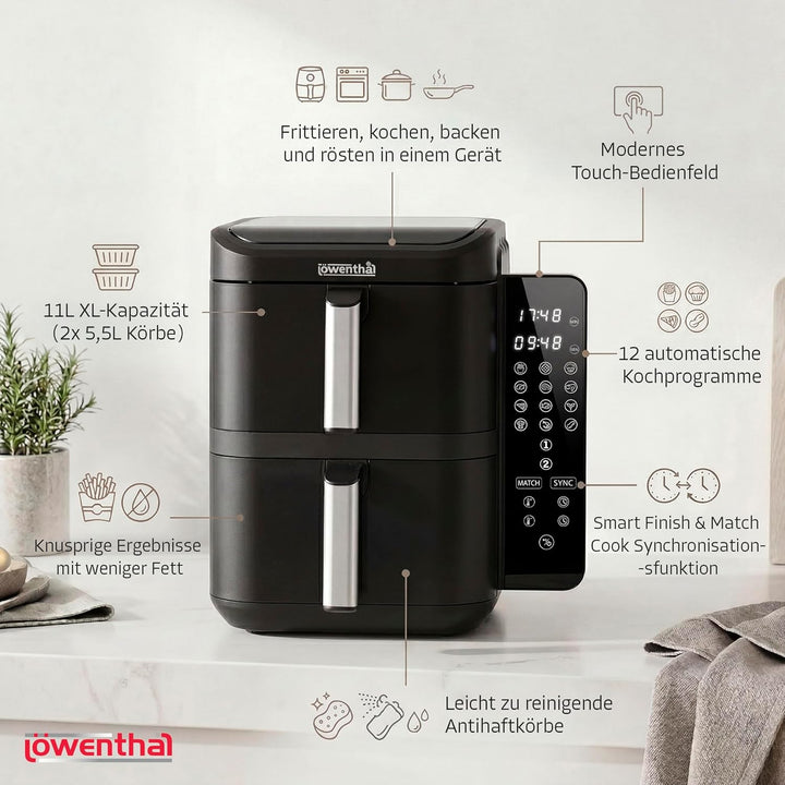 Löwenthal Airfryer XL 11L | Heissluftfritteuse mit Doppelkammer 5.5L + 5.5L | 2800W | Digitales Touc