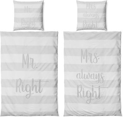 JACK 4 TLG Satin Bettwäsche Partnerbettwäsche 135x200cm Mr. Right + Mrs. Always Right