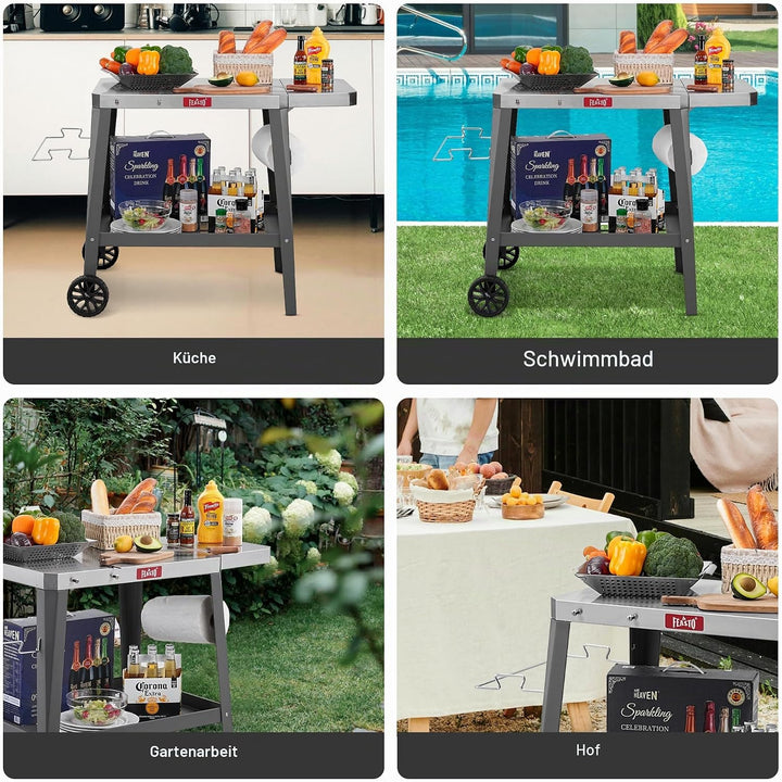 Feasto Grilltischwagen für den Aussenbereich, Pizzaofentisch mit Rollen, Edelstahl-Arbeitsplattenwag