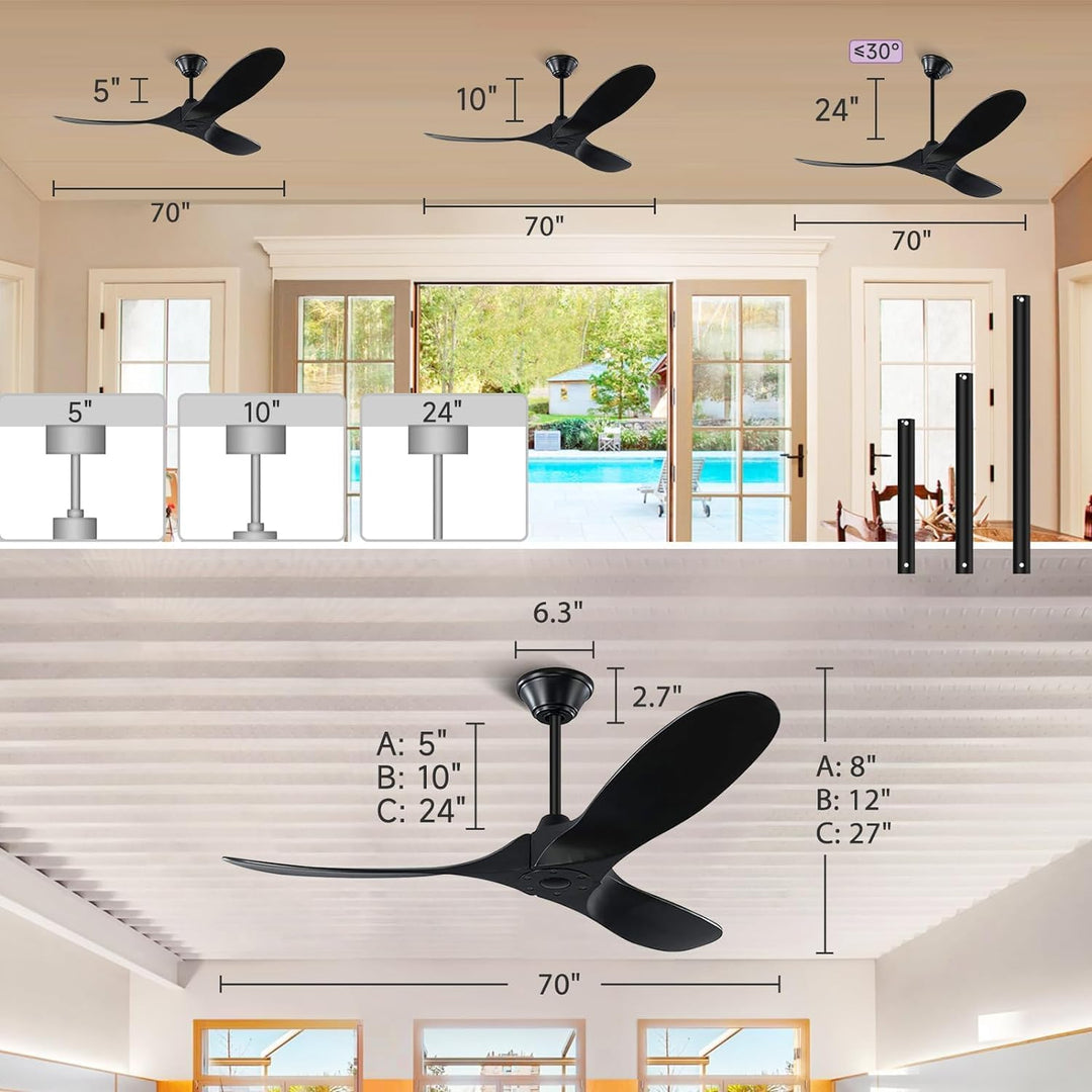 MSHENUED 132cm Schwarzer Deckenventilator ohne Licht, 52-Zoll-Deckenventilator für den Aussenbereich