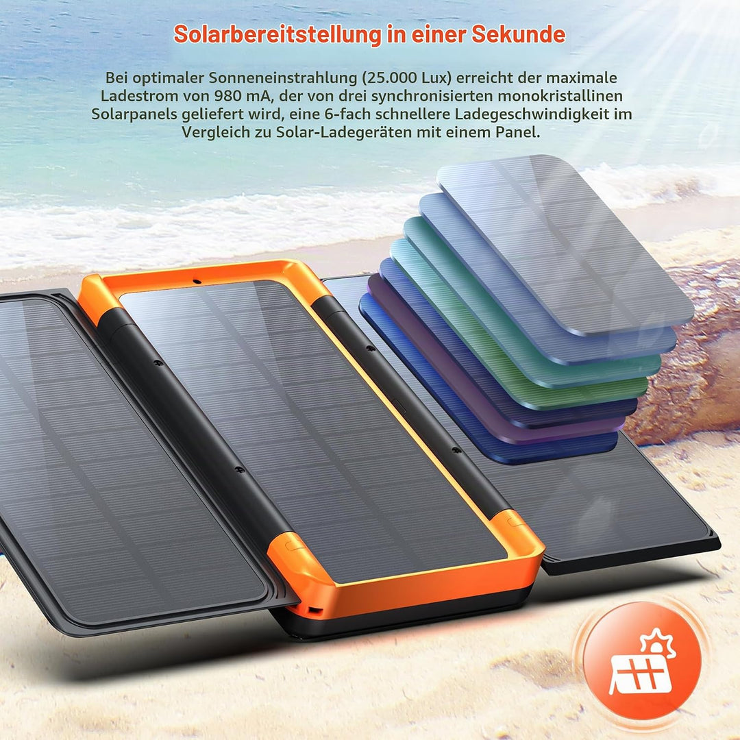 63200mAh Solar Power Bank, Wireless Powerbank mit 3 Solarpanel Faltbar, 22.5W PD Schnellladung, 5 An