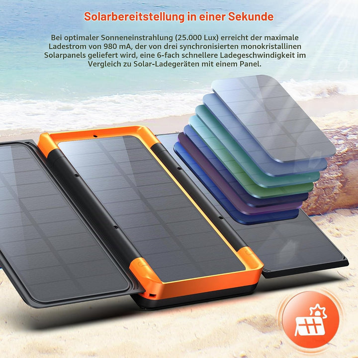 63200mAh Solar Power Bank, Wireless Powerbank mit 3 Solarpanel Faltbar, 22.5W PD Schnellladung, 5 An