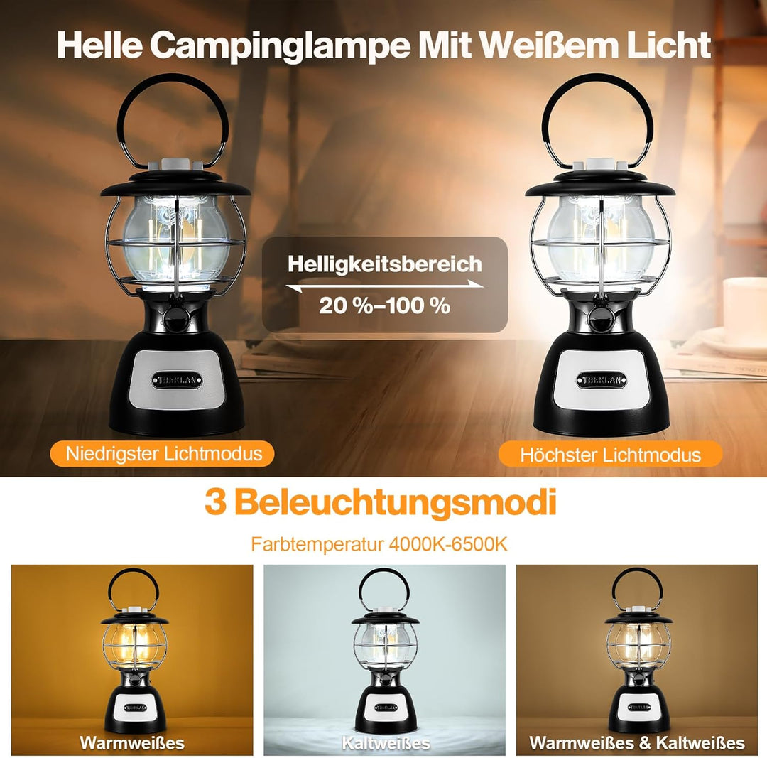 Therlan LED Campinglampe Aufladbar, 3 Lichtmodi, 250+ Std. Betriebsdauer, Stufenlos Dimmbar 4000K-65
