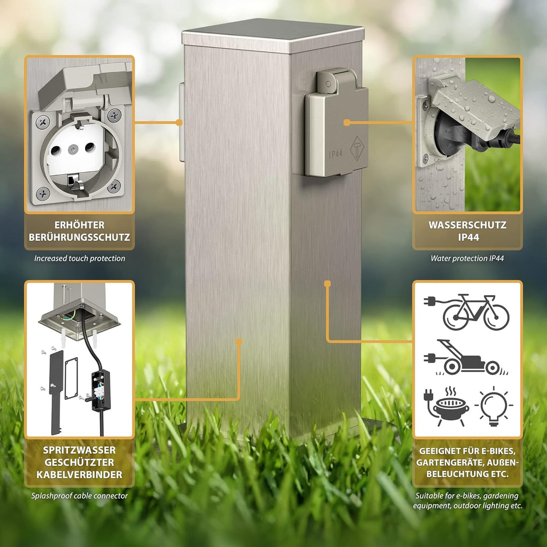 ledscom.de Garten-Steckdosen-Säule Polly mit Erdspiess für aussen, 2-Fach, Edelstahl, eckig, 27cm 1