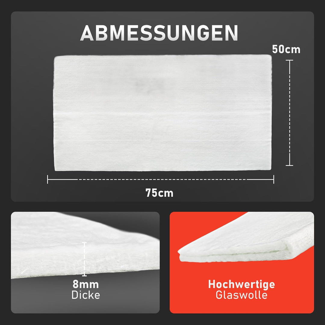 Auspuff Dämmwolle 50x75 cm - 8 mm Stärke | Hitzebeständig bis 800 °C | Reduziert Auspuffgeräusche |