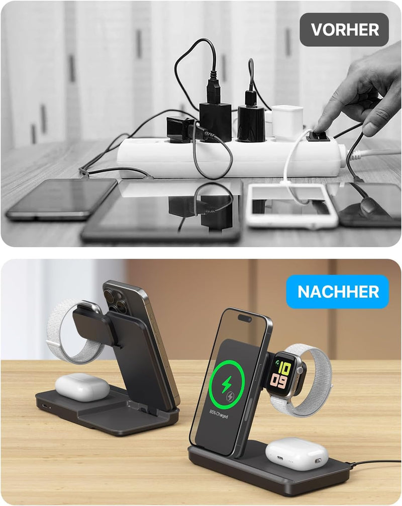 Induktive Ladestation für Apple Watch und iPhone, Kabelloses Ladegerät 3 in 1 Wireless Charger Kompa