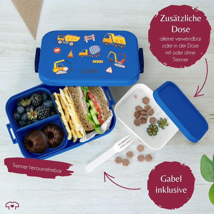 Kinder Bento Box Midi für Mepal Bentobox - Brotbox Bagger mit Name Lunchbox Baustelle Jausenbox Baus