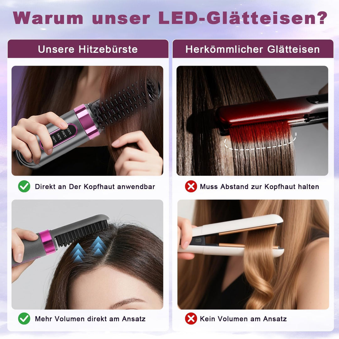 Elektrische Glättbürste Kabellos mit LED-Anzeige, 4 Temperaturstufen, für Kurze, Lockige und Trocken