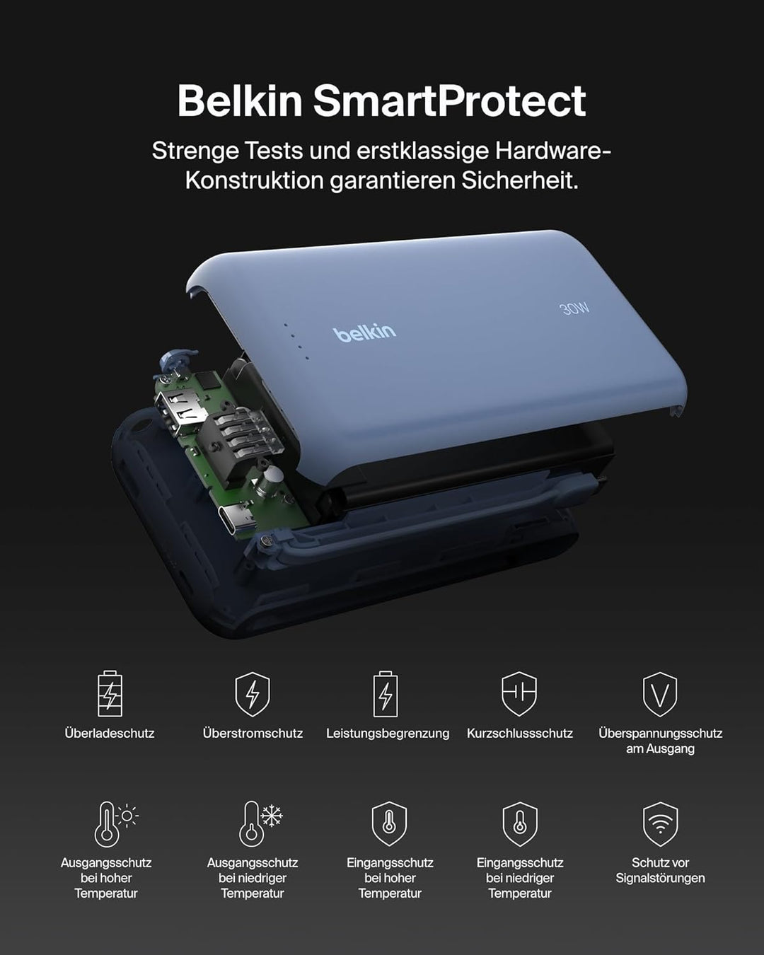 Belkin Portable Powerbank zum Schnellladen mit integriertem Kabel 20K PD 30 W, USB-C Power Delivery,