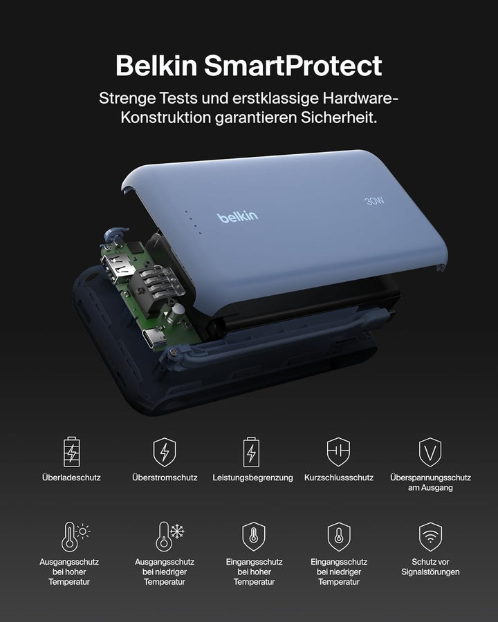 Belkin Portable Powerbank zum Schnellladen mit integriertem Kabel 20K PD 30 W, USB-C Power Delivery,