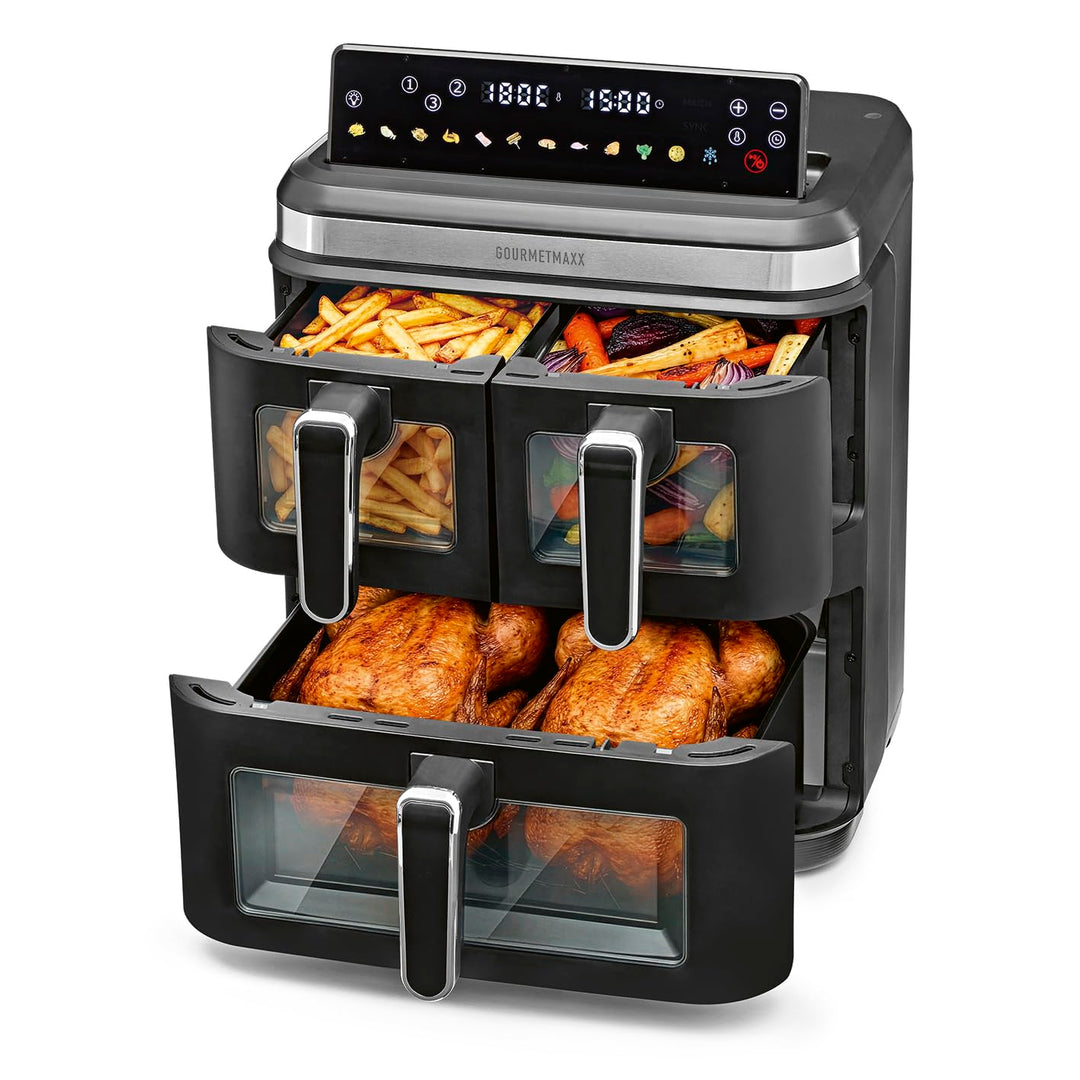 GOURMETmaxx FryUp3 Vertikale Heissluftfritteuse 3 Kammern | Airfryer XXL mit 3 Grillracks &amp; 3 Sichtf
