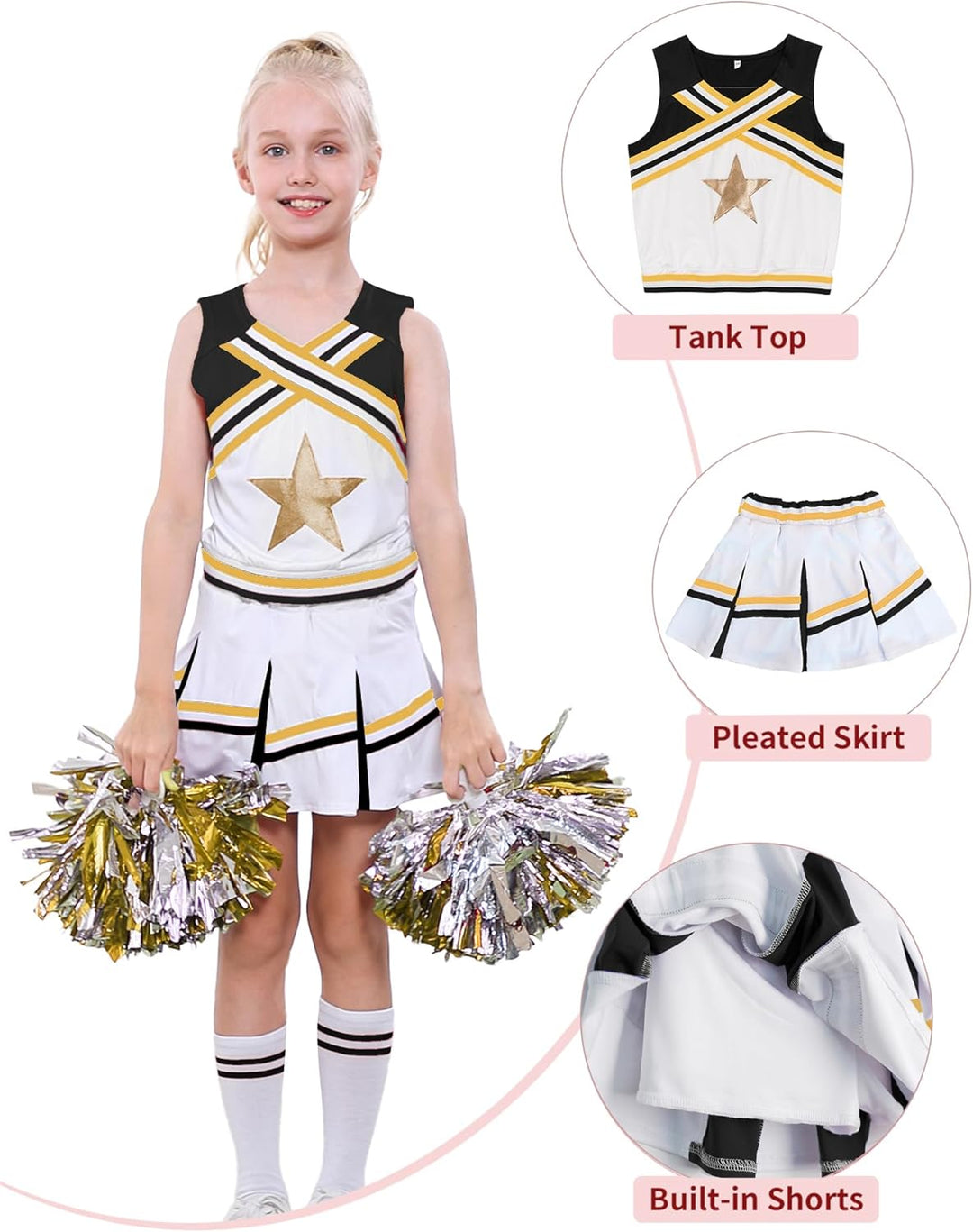 LOLANTA Mädchen Karneval Kostüm, Cheerleader kleid mit Pompoms und Socken, Mittelschule Cheerleading