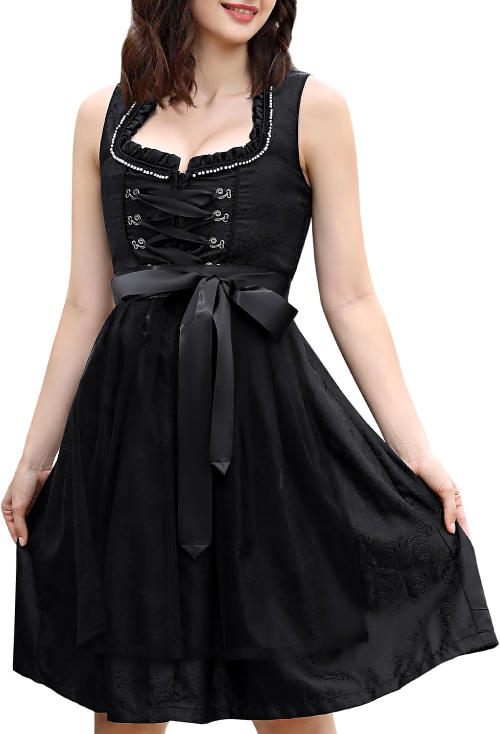 KOJOOIN Trachtenkleid Dirndl Kurz Damen Mid mit Spitzenschürze 2tlg. für Oktoberfest von Gr 34 bis 4