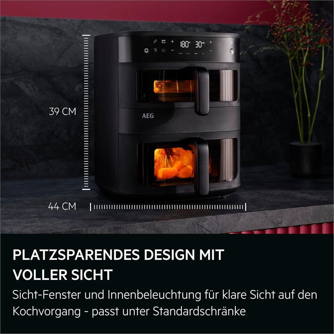 AEG Doppelkorb‑Heissluftfritteuse 11 L, 2 Fächer für Paralleles Frittieren Backen Grillen Dörren, Si