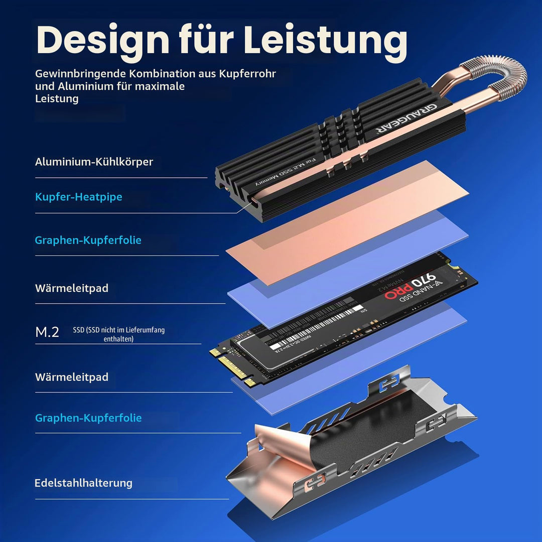 GRAUGEAR HeatPipe-Kühlkörper für M.2 NVMe SSD (2280), für PC, Computer Speichererweiterung, mit Ther