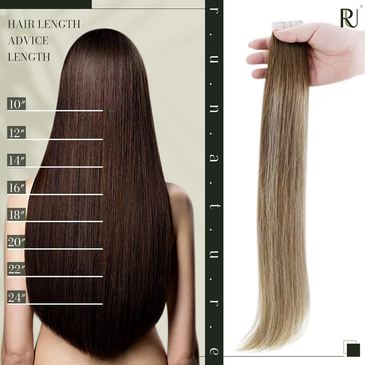 RUNATURE Echthaar Extensions Tape 50cm Braun Balayage Blond Lang Tape in Extensions Ombre Braun 20 S