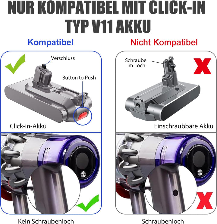 V11 Akku Kompatibel mit Dyson V11 Akku 6000mAh Button Click in Installation Style V11 SV15 SV16 SV22