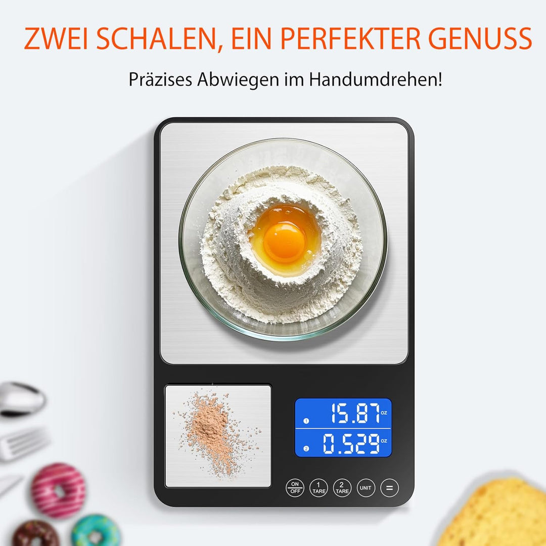 Digitale küchenwaagen mit Dual Plattform–Präzise 500g/0,01g&15kg/1g Messung, Tara-und Summierfunktio